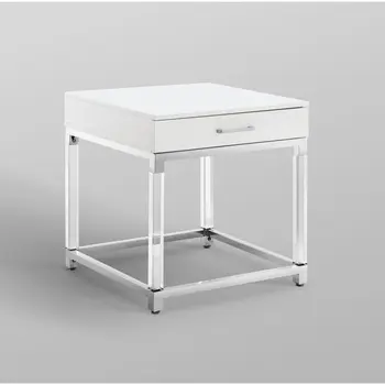 24" Silver Metallic And White Square End Table With Drawer