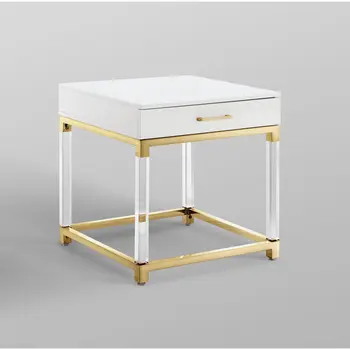24" White and Gold Wood Acrylic and Stainless Steel Square End Table With Drawer