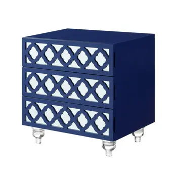 24" Navy Blue and Clear Wood and Acrylic End Table With Three Drawers