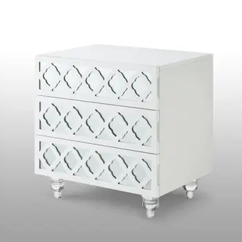 24" Clear And White Wood Mirrored End Table With Three Drawers
