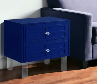 24" Navy Blue And Clear Wood And Acrylic End Table With Two Drawers