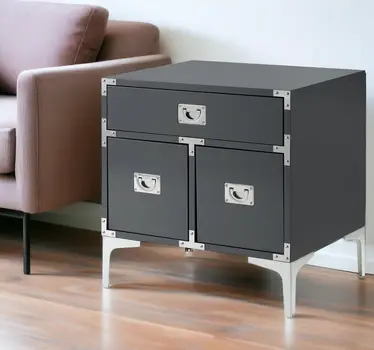 24" Dark Gray And Silver Wood And Metal End Table With Drawer