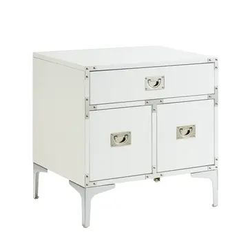 24" White and Silver Wood and Metal End Table With Drawer And Shelf