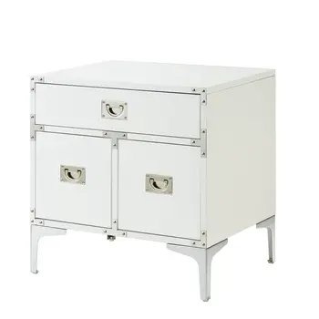 24" White and Silver Wood and Metal End Table With Drawer And Shelf