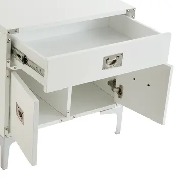 24" White and Silver Wood and Metal End Table With Drawer And Shelf