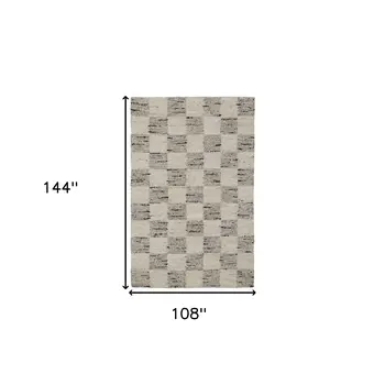 9' X 12' Beige Wool Checkered Hand Woven Area Rug