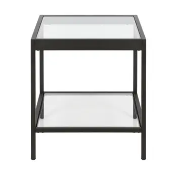 22" Black And Clear Glass And Steel Square End Table With Shelf