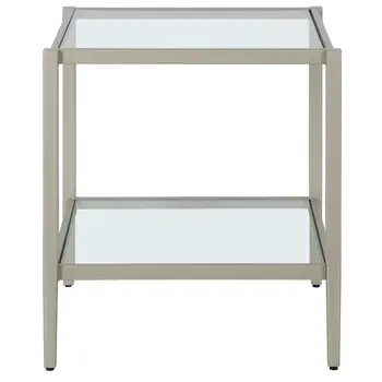 22" Nickel And Clear Glass And Steel Square End Table With Shelf