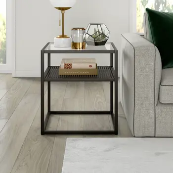 22" Black And Clear Glass And Steel Square End Table With Shelf