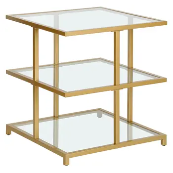 24" Brass And Clear Glass And Steel Square End Table With Two Shelves