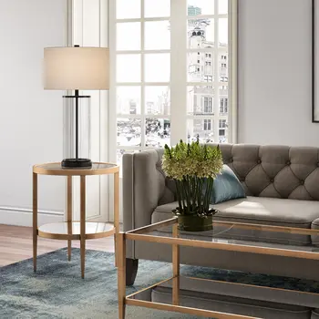 24" Antiqued Brass And Clear Glass And Steel Round Mirrored End Table With Shelf