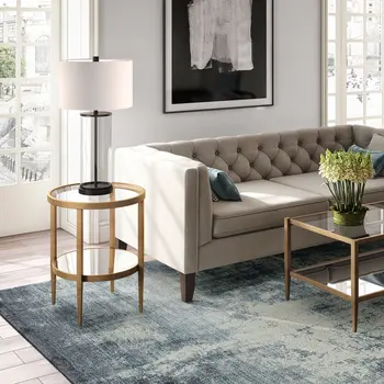 24" Antiqued Brass And Clear Glass And Steel Round Mirrored End Table With Shelf