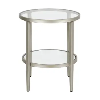 24" Nickel And Clear Glass And Steel Round Mirrored End Table With Shelf