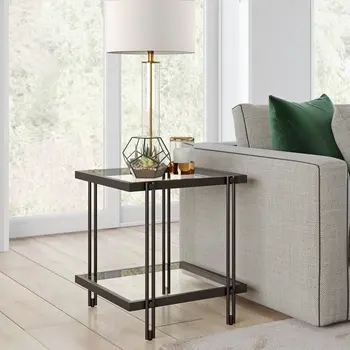 22" Black And Clear Glass And Steel Square End Table With Shelf