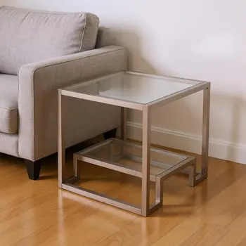 22" Nickel And Clear Glass And Steel Square End Table With Shelf