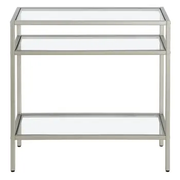 24" Nickel And Clear Glass And Steel End Table With Two Shelves