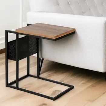 22" Brown and Black Wood and Steel End Table With Magazine Holder