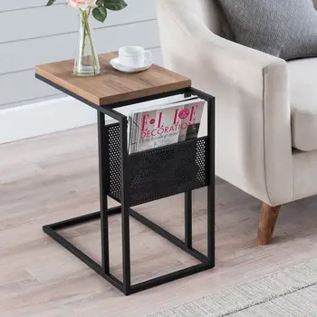 22" Brown and Black Wood and Steel End Table With Magazine Holder