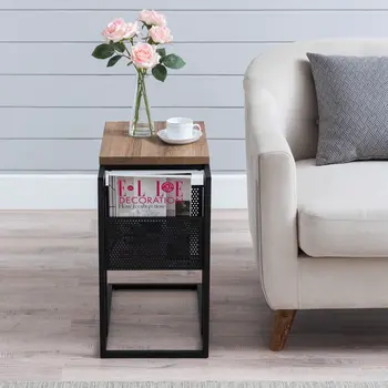 22" Brown and Black Wood and Steel End Table With Magazine Holder