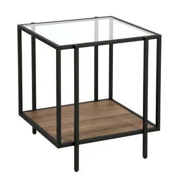 22" Clear Black and Brown Tempered Glass Wood and Metal Square Frame End Table With Shelf