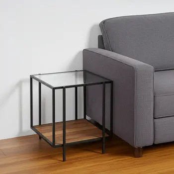 22" Clear Black and Brown Tempered Glass Wood and Metal Square Frame End Table With Shelf