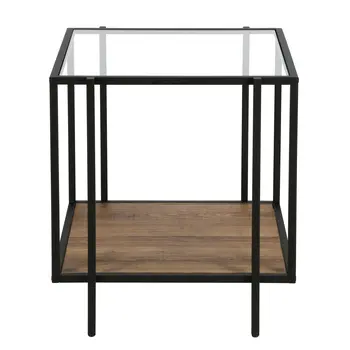 22" Clear Black and Brown Tempered Glass Wood and Metal Square Frame End Table With Shelf