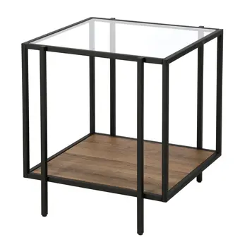 22" Clear Black and Brown Tempered Glass Wood and Metal Square Frame End Table With Shelf