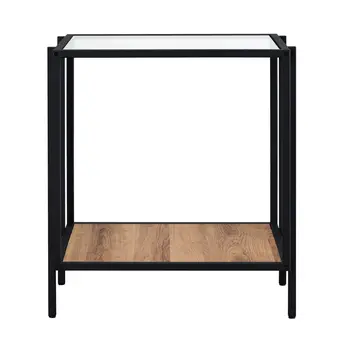 22" Clear Black and Brown Tempered Glass Wood and Metal Square Frame End Table With Shelf