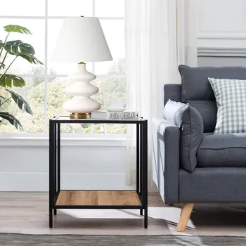 22" Clear Black and Brown Tempered Glass Wood and Metal Square Frame End Table With Shelf