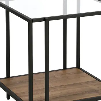 22" Clear Black and Brown Tempered Glass Wood and Metal Square Frame End Table With Shelf