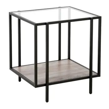 22" Clear Black and Gray Tempered Glass Wood and Metal Square Frame End Table With Shelf