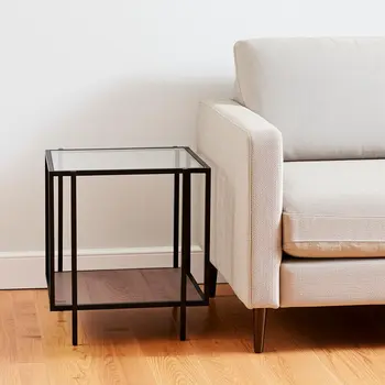 22" Clear Black and Gray Tempered Glass Wood and Metal Square Frame End Table With Shelf