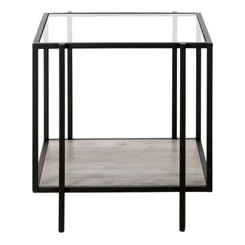 22" Clear Black and Gray Tempered Glass Wood and Metal Square Frame End Table With Shelf