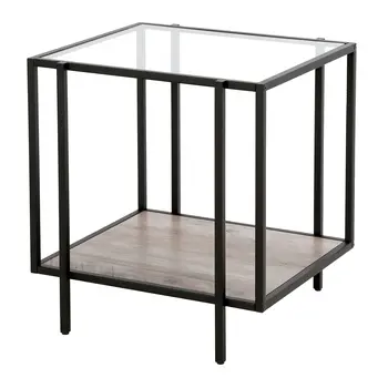 22" Clear Black and Gray Tempered Glass Wood and Metal Square Frame End Table With Shelf