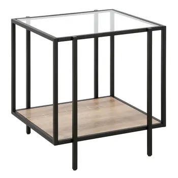 22" Clear Black and Oak Tempered Glass Wood and Metal Square Frame End Table With Shelf