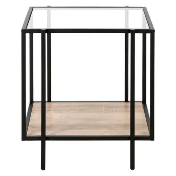 22" Clear Black and Oak Tempered Glass Wood and Metal Square Frame End Table With Shelf