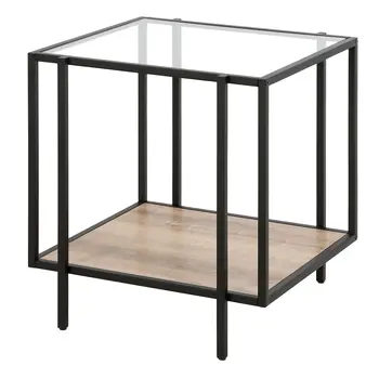 22" Clear Black and Oak Tempered Glass Wood and Metal Square Frame End Table With Shelf