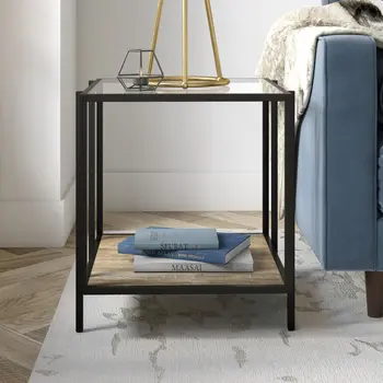 22" Clear Black and Oak Tempered Glass Wood and Metal Square Frame End Table With Shelf