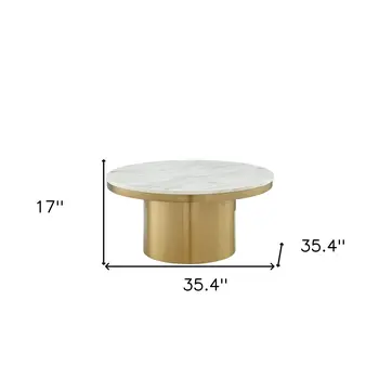35" White And Gold Genuine Marble And Stainless Steel Round Coffee Table