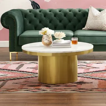 35" White And Gold Genuine Marble And Stainless Steel Round Coffee Table