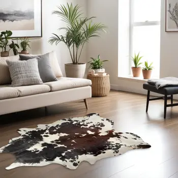 6' X 7' Brown Black and White Cowhide Hand Knotted Area Rug