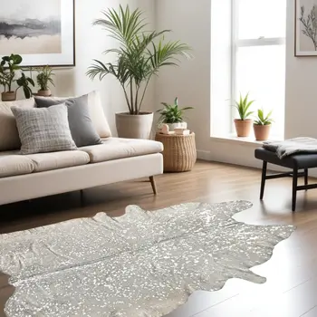 6' X 7' Silver and Ivory Cowhide Hand Knotted Area Rug