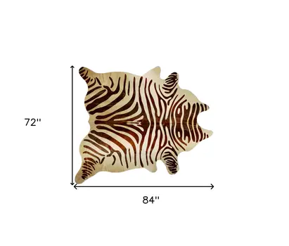6' X 7' Natural and Brown Zebra Print Genuine Cowhide Area Rug