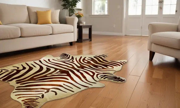 6' X 7' Natural and Brown Zebra Print Genuine Cowhide Area Rug