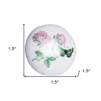 Set of Eight Light Pink And White Ceramic And Metal Floral Drawer Pull Knobs