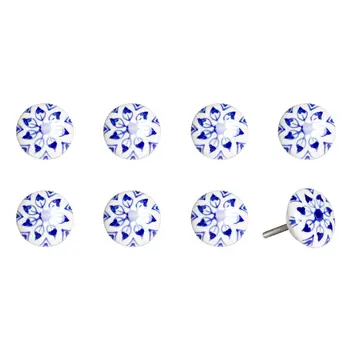 Set of Eight Blue And White Ceramic And Metal Drawer Pull Knobs