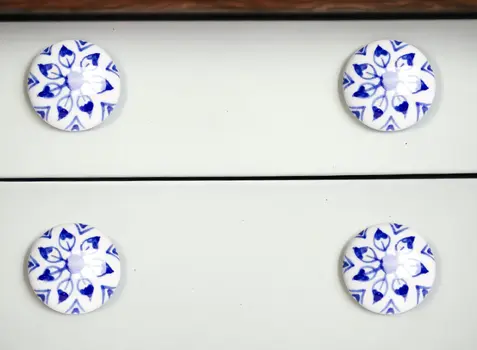 Set of Eight Blue And White Ceramic And Metal Drawer Pull Knobs