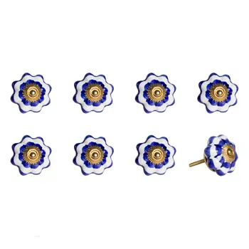 Set of Eight Blue And White Ceramic And Metal Drawer Pull Knobs