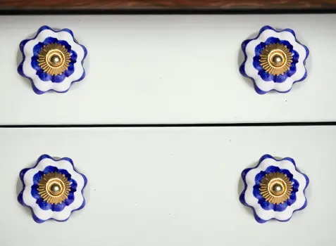 Set of Eight Blue And White Ceramic And Metal Drawer Pull Knobs