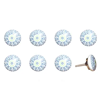 Set of Eight Light Blue And White Ceramic And Metal Drawer Pull Knobs
